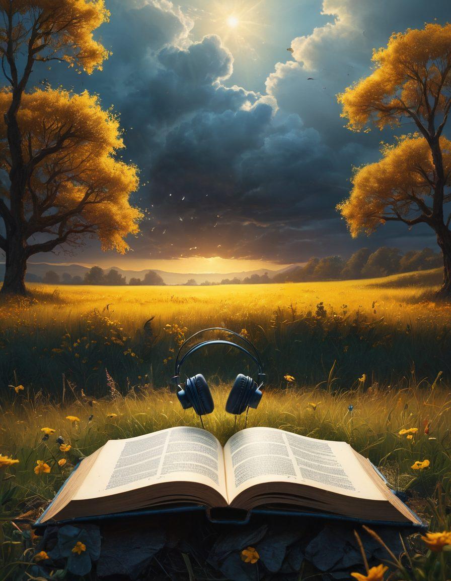 A mystical scene depicting a dark, stormy landscape transitioning into a vibrant, sunlit meadow, symbolizing transformation. In the foreground, a pair of headphones rests on an open book, surrounded by musical notes floating upwards. Soft silhouettes of people are depicted, emerging from shadows to bask in the light of hope. The background features contrasting shades of blue and yellow to represent gloom and grace. cinematic art style. vibrant colors.