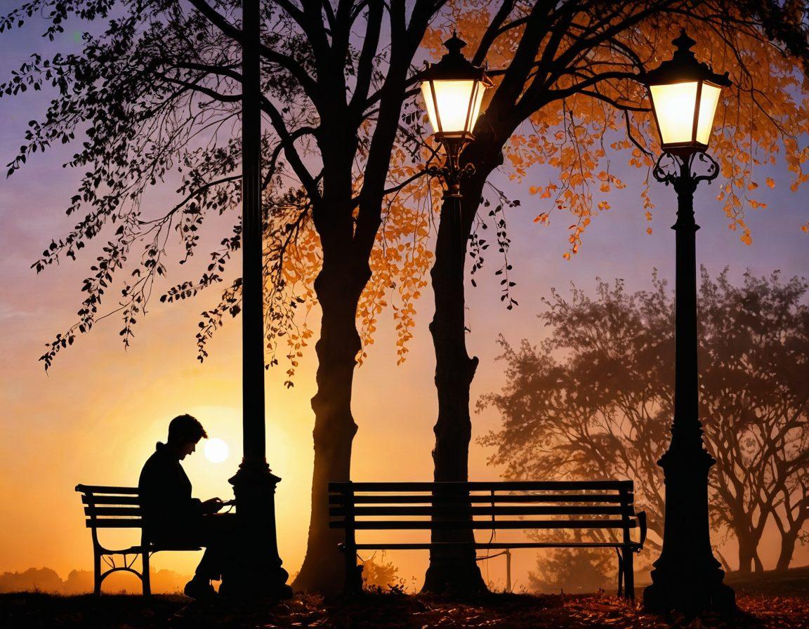 A silhouette of a person sitting under a streetlamp at dusk, with musical notes flowing out from a vintage radio beside them, merging into a bright, ethereal glow representing hope. Shadows play around the scene, creating a contrast of light and darkness. Softly falling leaves symbolize change and reflection. atmospheric painting. warm and cool tones.