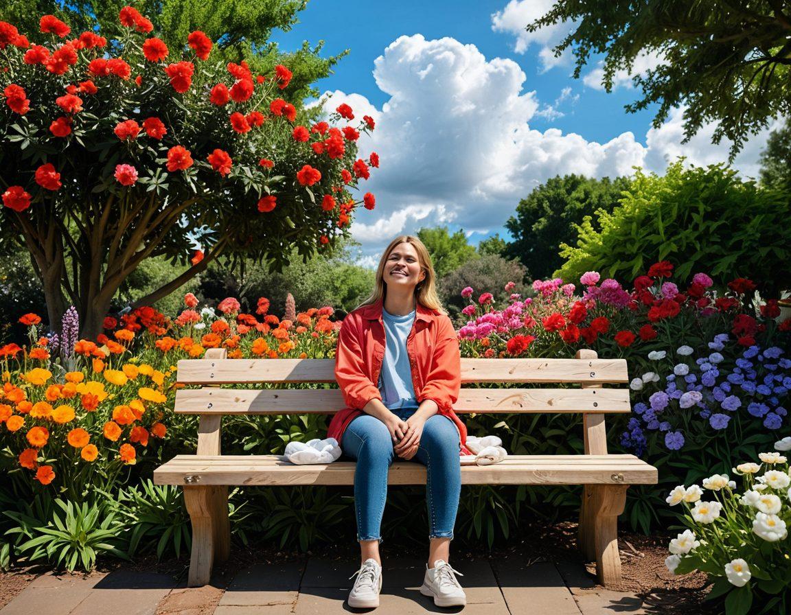 A poignant scene depicting a person sitting on a bench in a park, surrounded by blooming flowers under a cloudy sky, with gentle tears rolling down their cheeks having a bittersweet smile. In the background, a radiant sun begins to break through the clouds, casting warm light on the flowers, symbolizing hope and triumph. The image should evoke a sense of serene beauty and emotional depth. super-realistic. vibrant colors. soft lighting.
